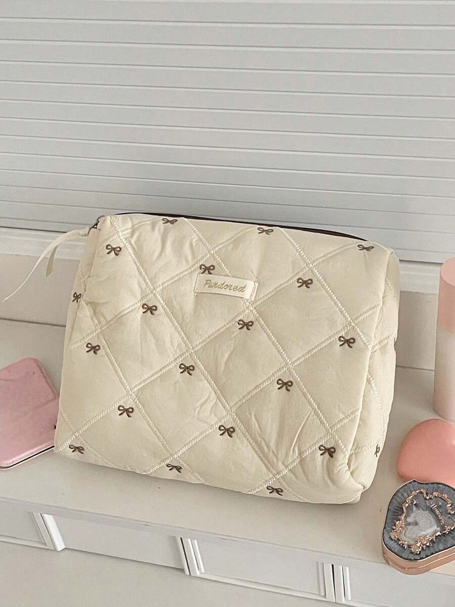 SHEIN حقيبة مكياج فيونكة من البوليستر بسحاب ناعمة وعملية