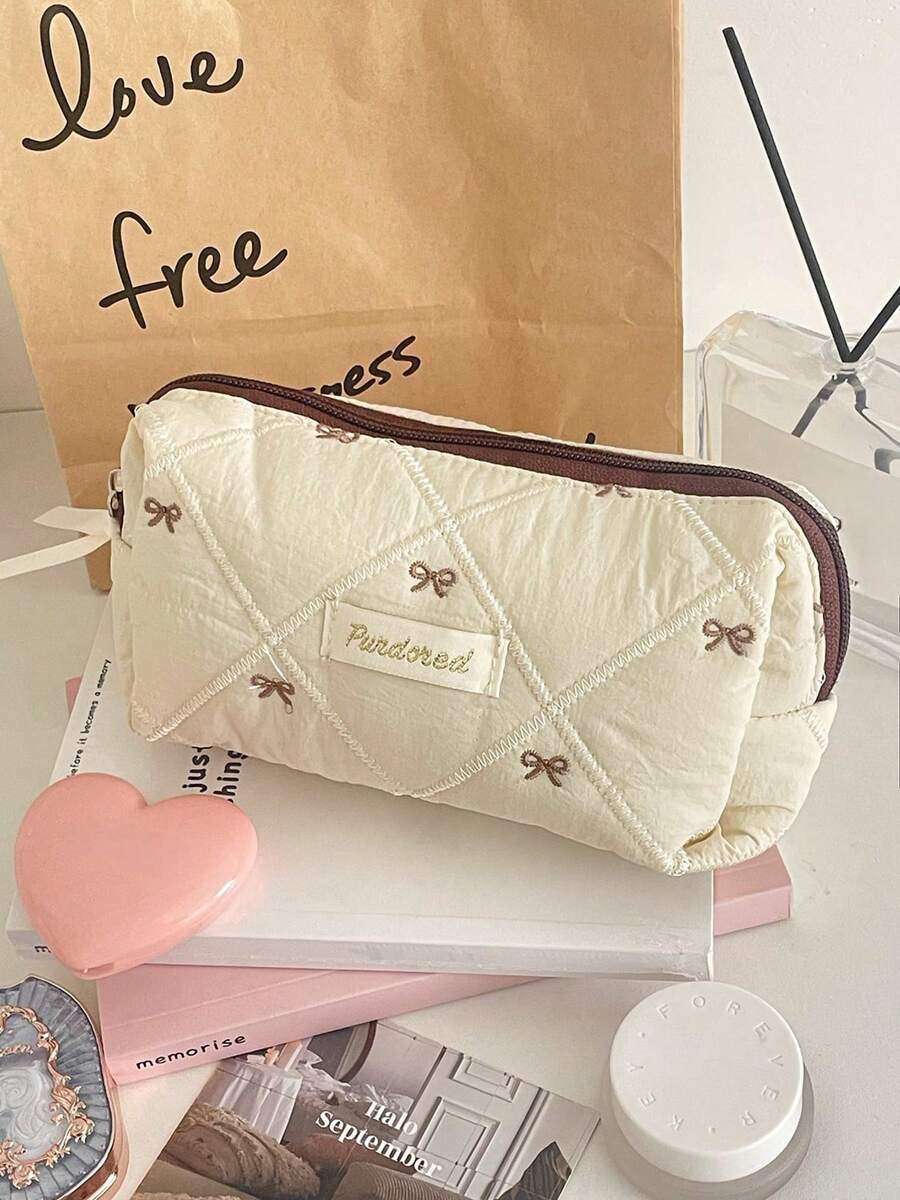 SHEIN حقيبة مكياج فيونكة من البوليستر بسحاب ناعمة وعملية