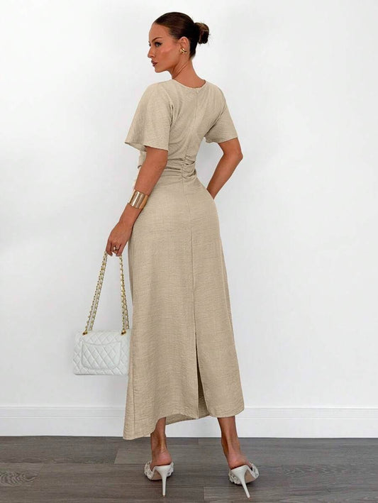 SHEIN Siren Gaze فستان كتان أصفر بزبدة بتصميم رباط كاجوال