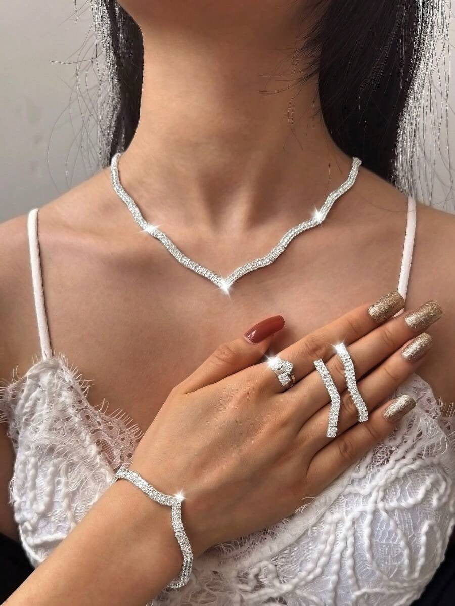 SHEIN مجموعة مجوهرات فاخرة 4 قطع أنيقة بالكريستال