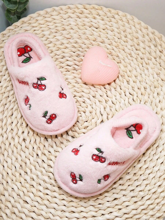SHEIN زوج نعال أنيقة مطرزة بالكرز دافئة للأطفال