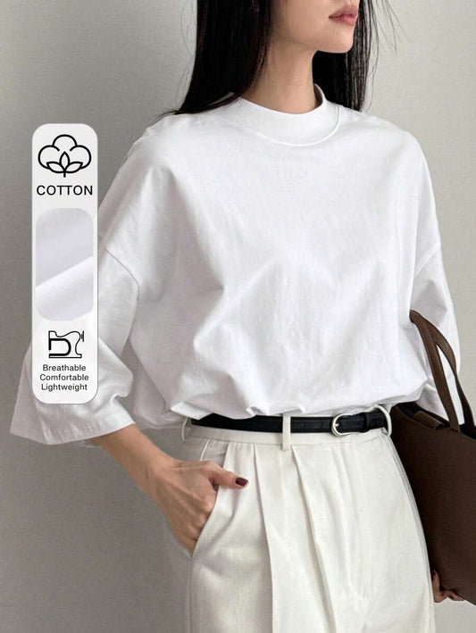 SHEIN Dazy-Less تي شيرت أبيض واسع بأكمام قصيرة بتصميم بسيط كاجوال