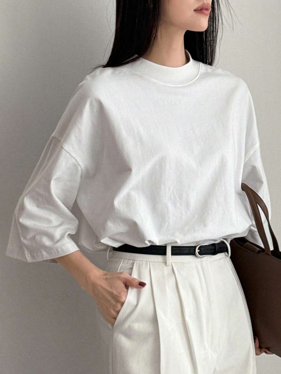 SHEIN Dazy-Less تي شيرت أبيض واسع بأكمام قصيرة بتصميم بسيط كاجوال