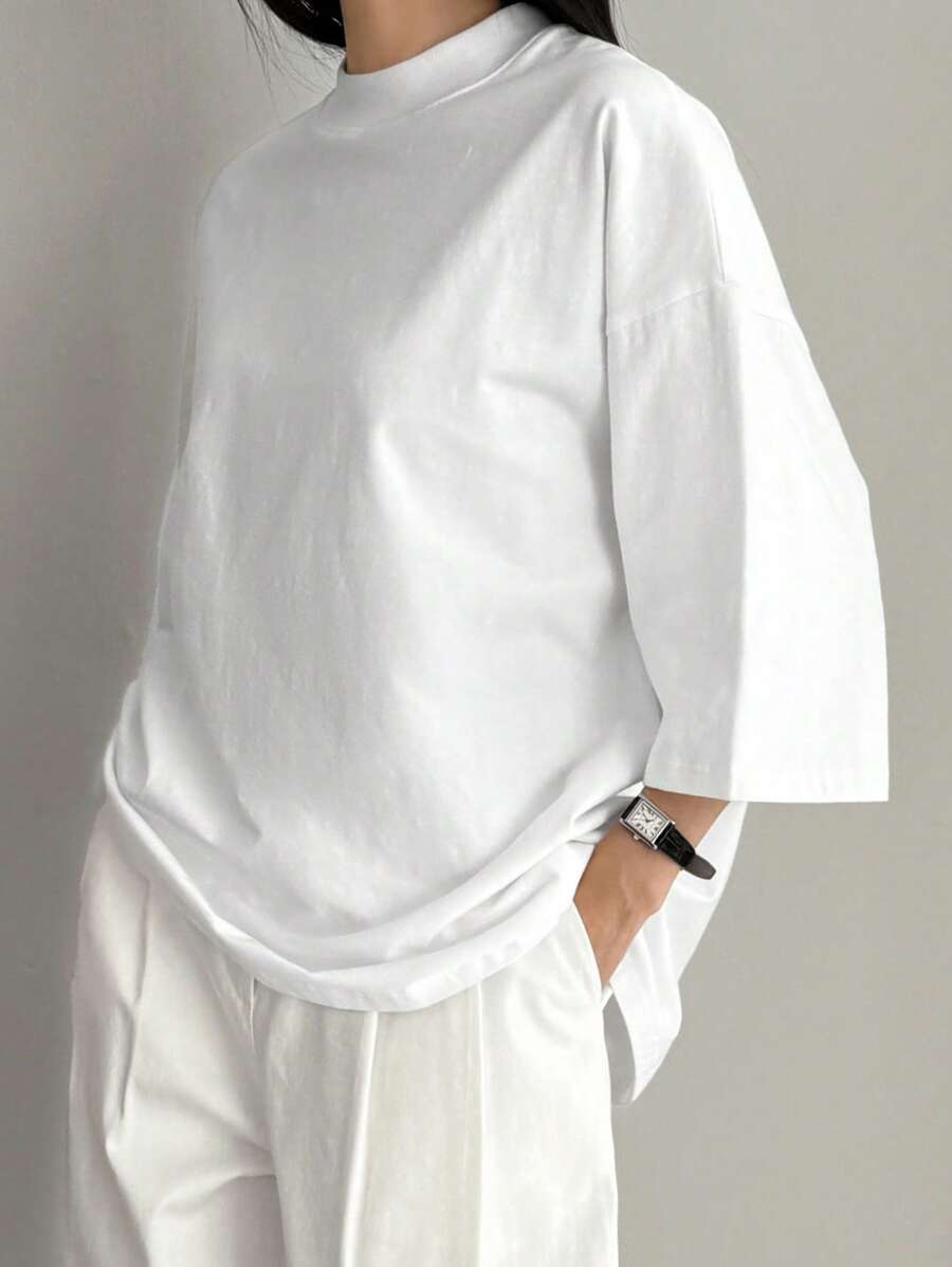 SHEIN Dazy-Less تي شيرت أبيض واسع بأكمام قصيرة بتصميم بسيط كاجوال