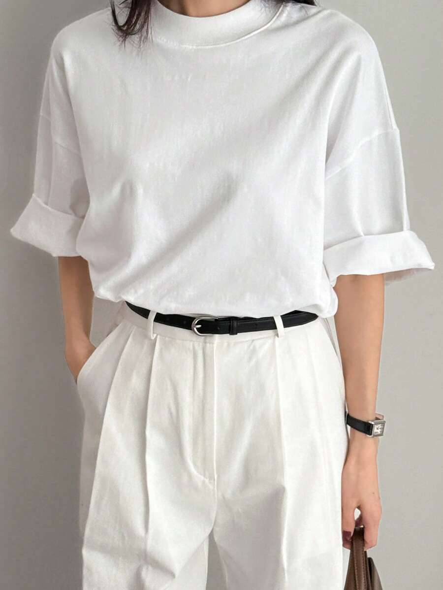SHEIN Dazy-Less تي شيرت أبيض واسع بأكمام قصيرة بتصميم بسيط كاجوال