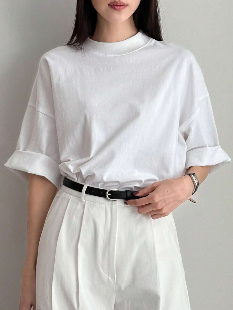 SHEIN Dazy-Less تي شيرت أبيض واسع بأكمام قصيرة بتصميم بسيط كاجوال