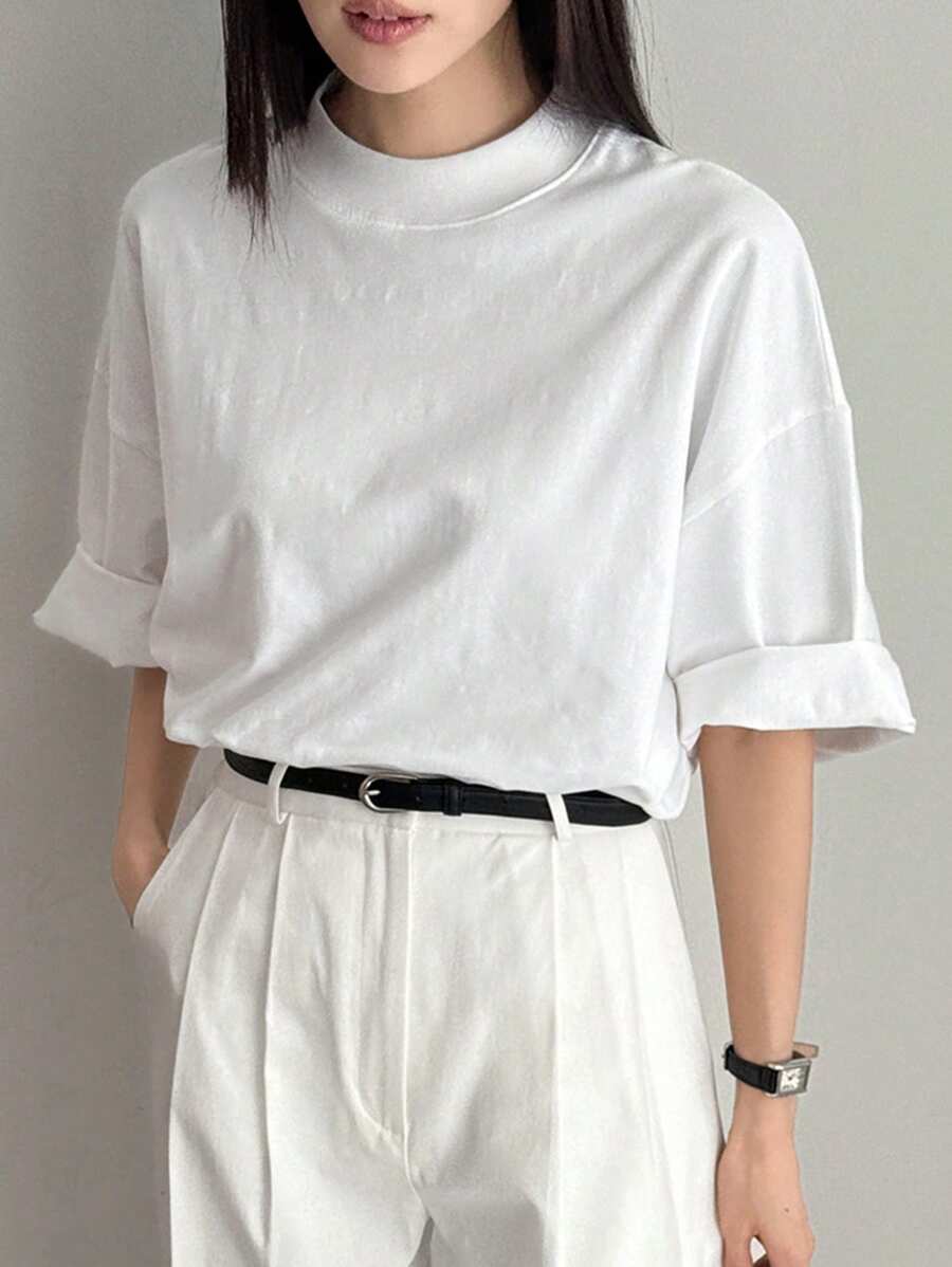 SHEIN Dazy-Less تي شيرت أبيض واسع بأكمام قصيرة بتصميم بسيط كاجوال