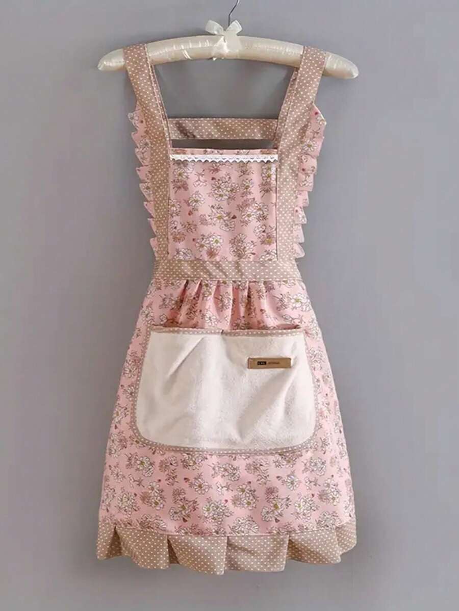 SHEIN مريلة مقاومة للماء والزيت مزخرفة بالزهور مع جيب