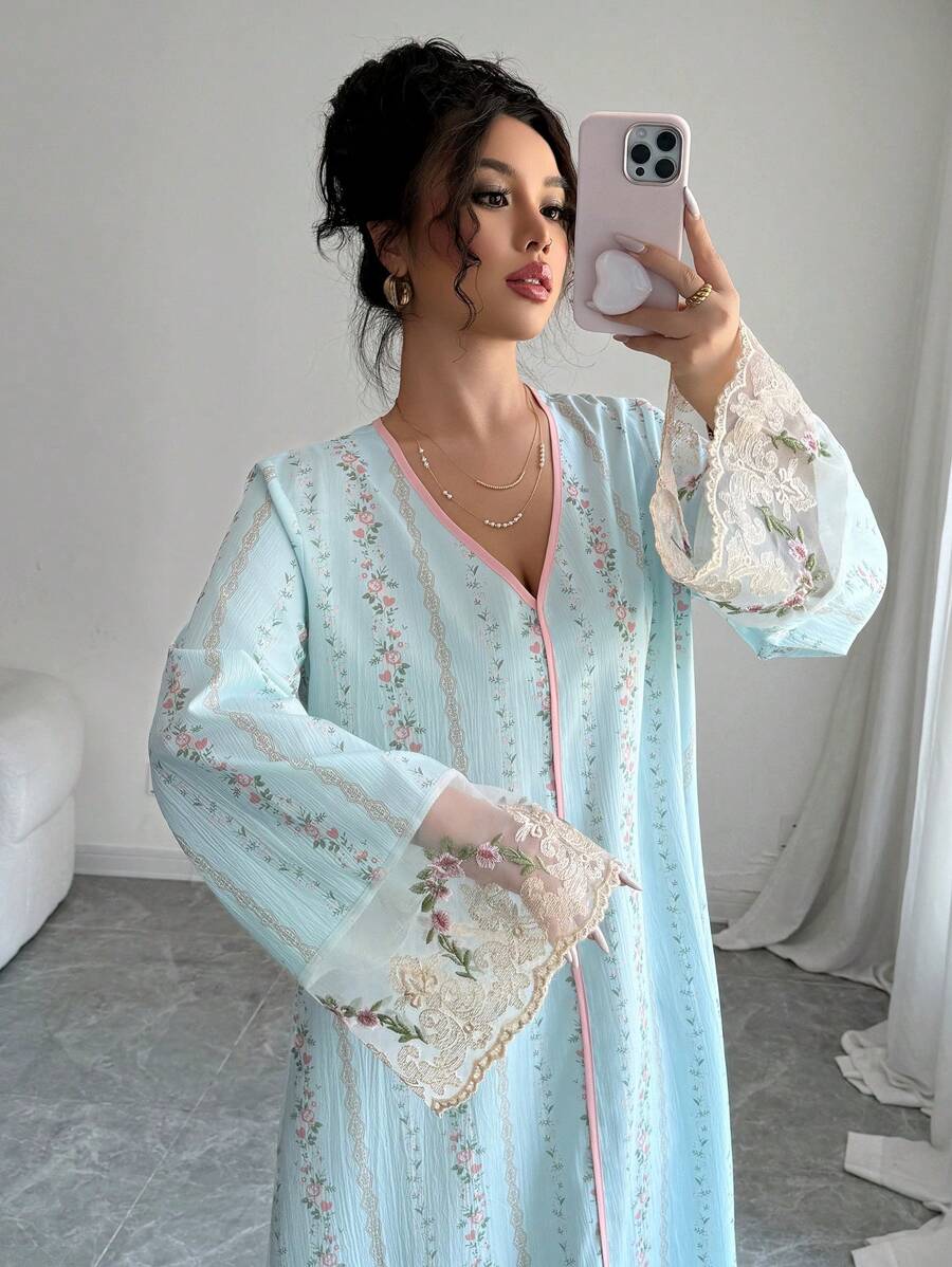 SHEIN Yasmyna فستان ازرق طويل بأكمام فضفاض عربي
