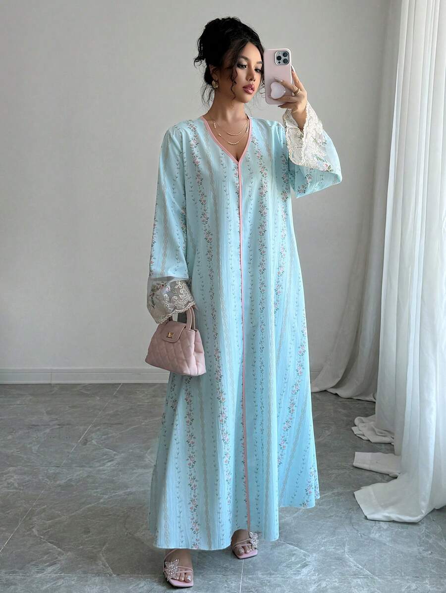 SHEIN Yasmyna فستان ازرق طويل بأكمام فضفاض عربي