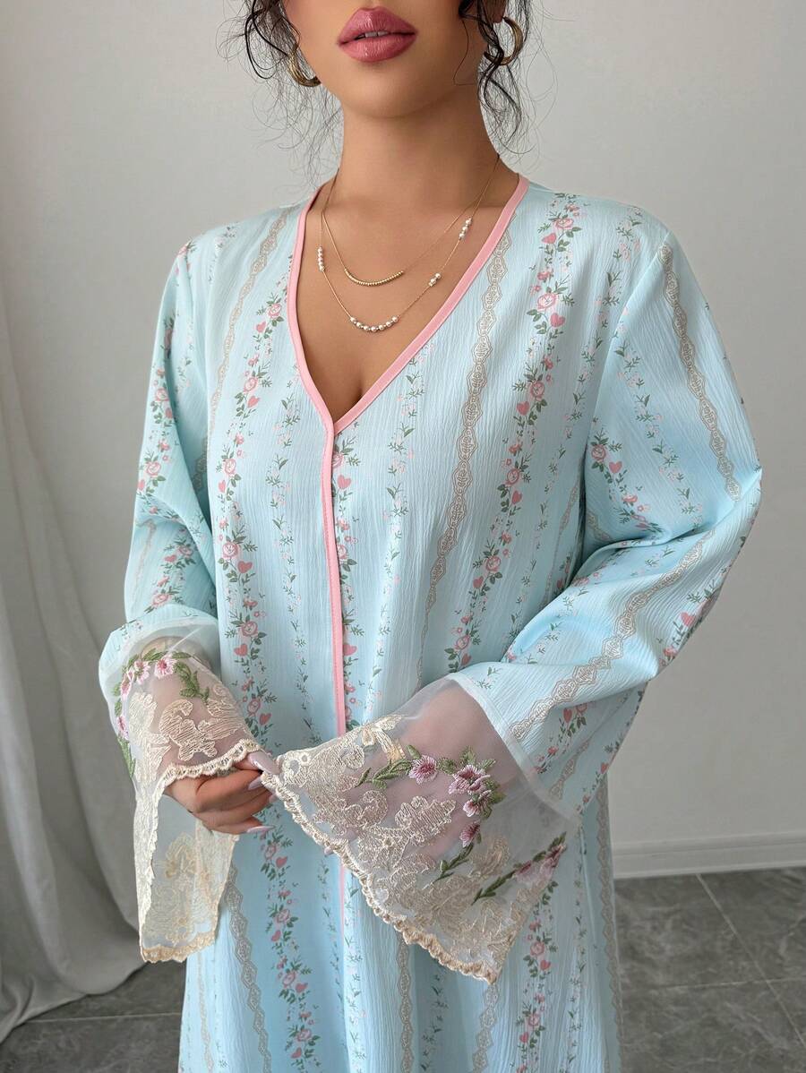 SHEIN Yasmyna فستان ازرق طويل بأكمام فضفاض عربي