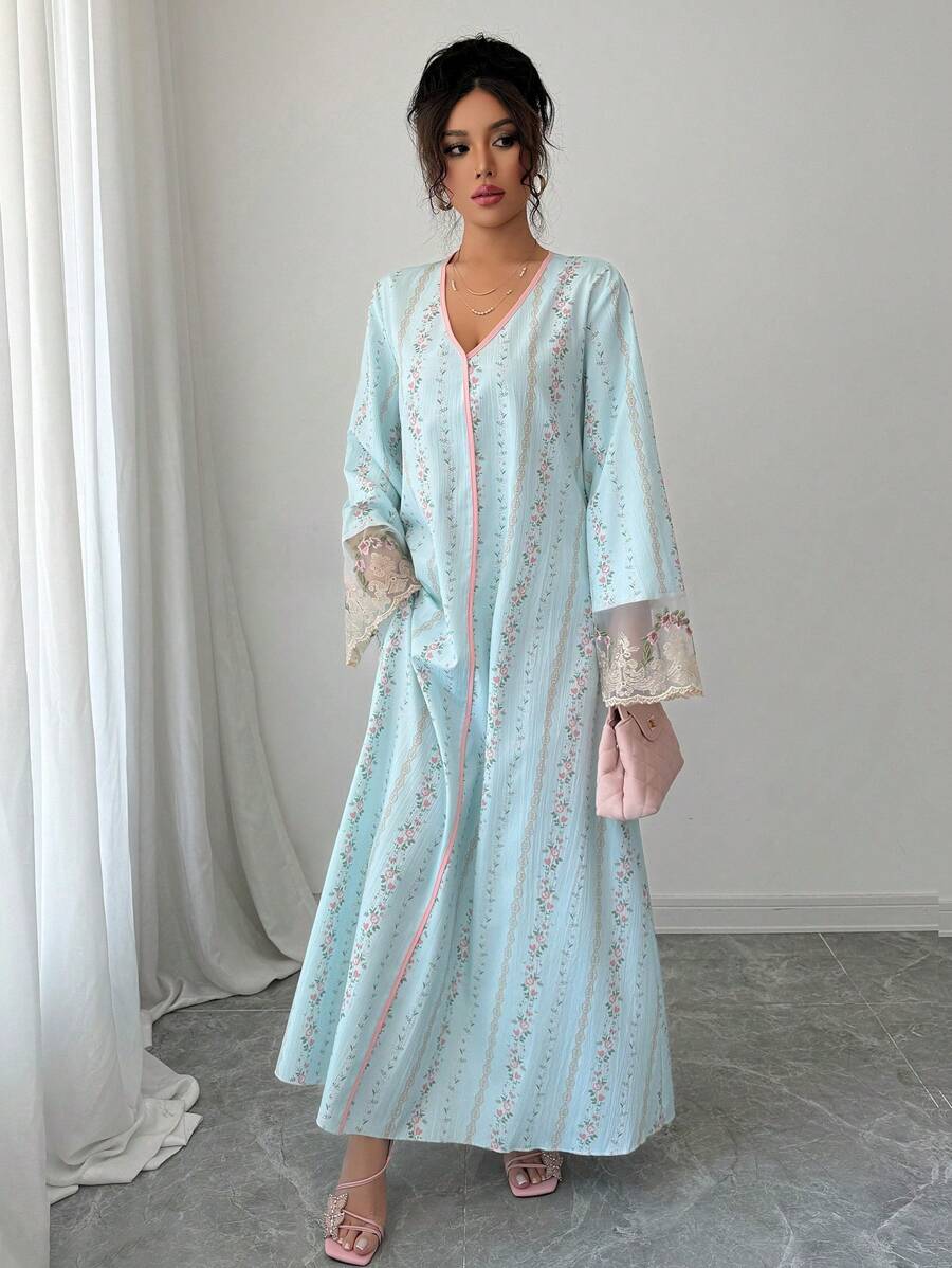 SHEIN Yasmyna فستان ازرق طويل بأكمام فضفاض عربي