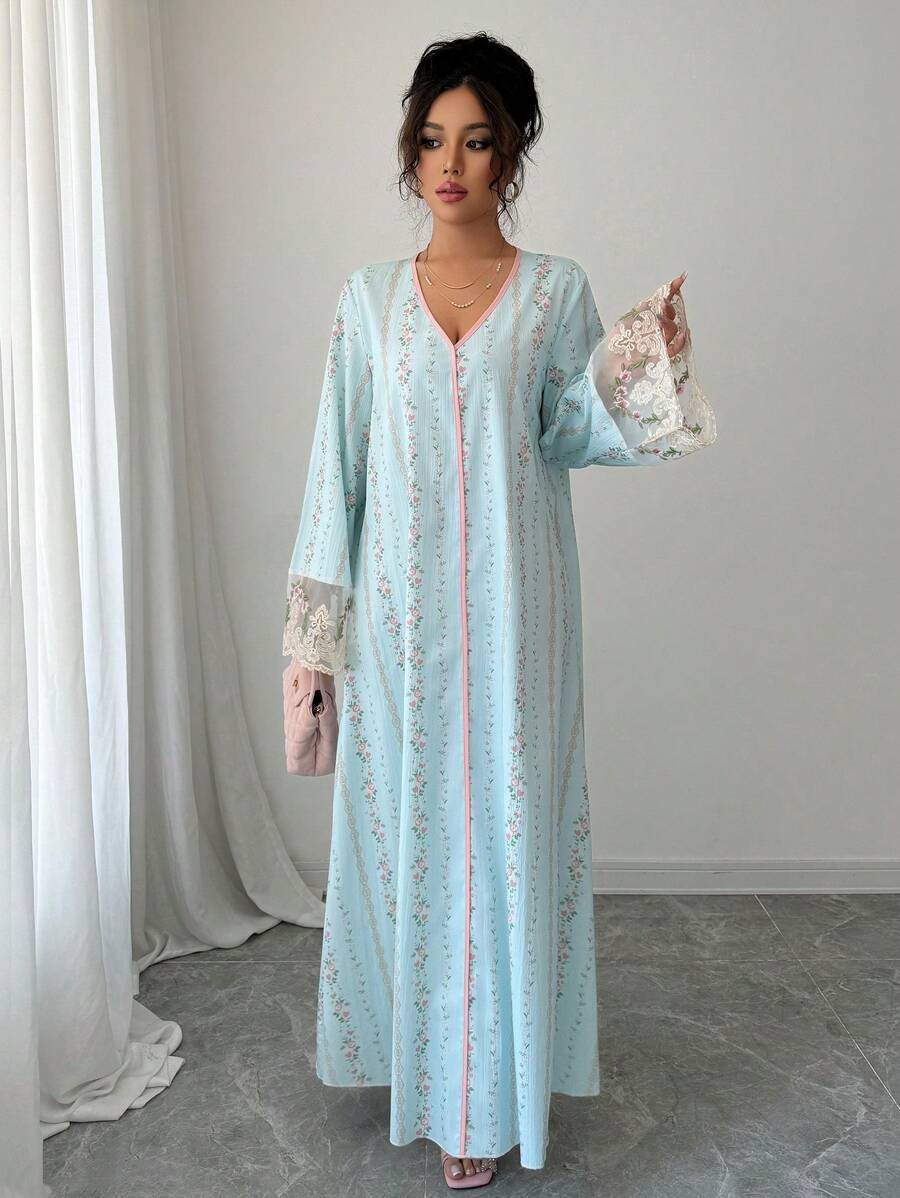 SHEIN Yasmyna فستان ازرق طويل بأكمام فضفاض عربي