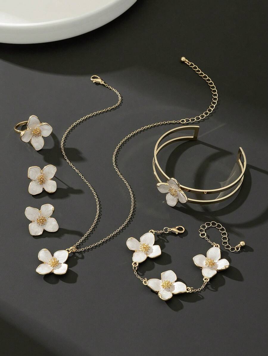 SHEIN طقم مجوهرات نسائي بزخرفة زهرية أبيض