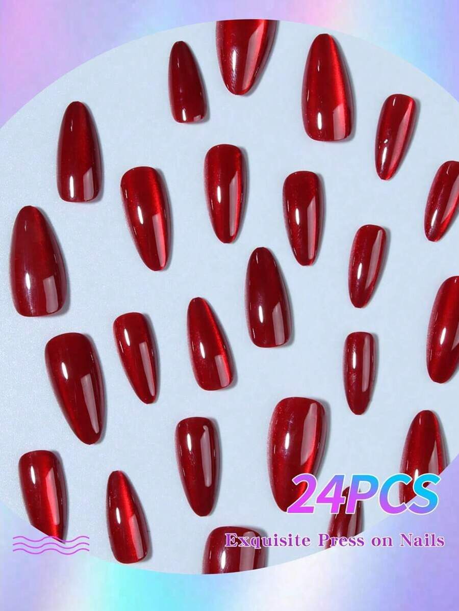 SHEIN أظافر 24 قطعة طويلة بشكل لوزي باللون الأحمر مع غراء جيلي ومبرد أظافر
