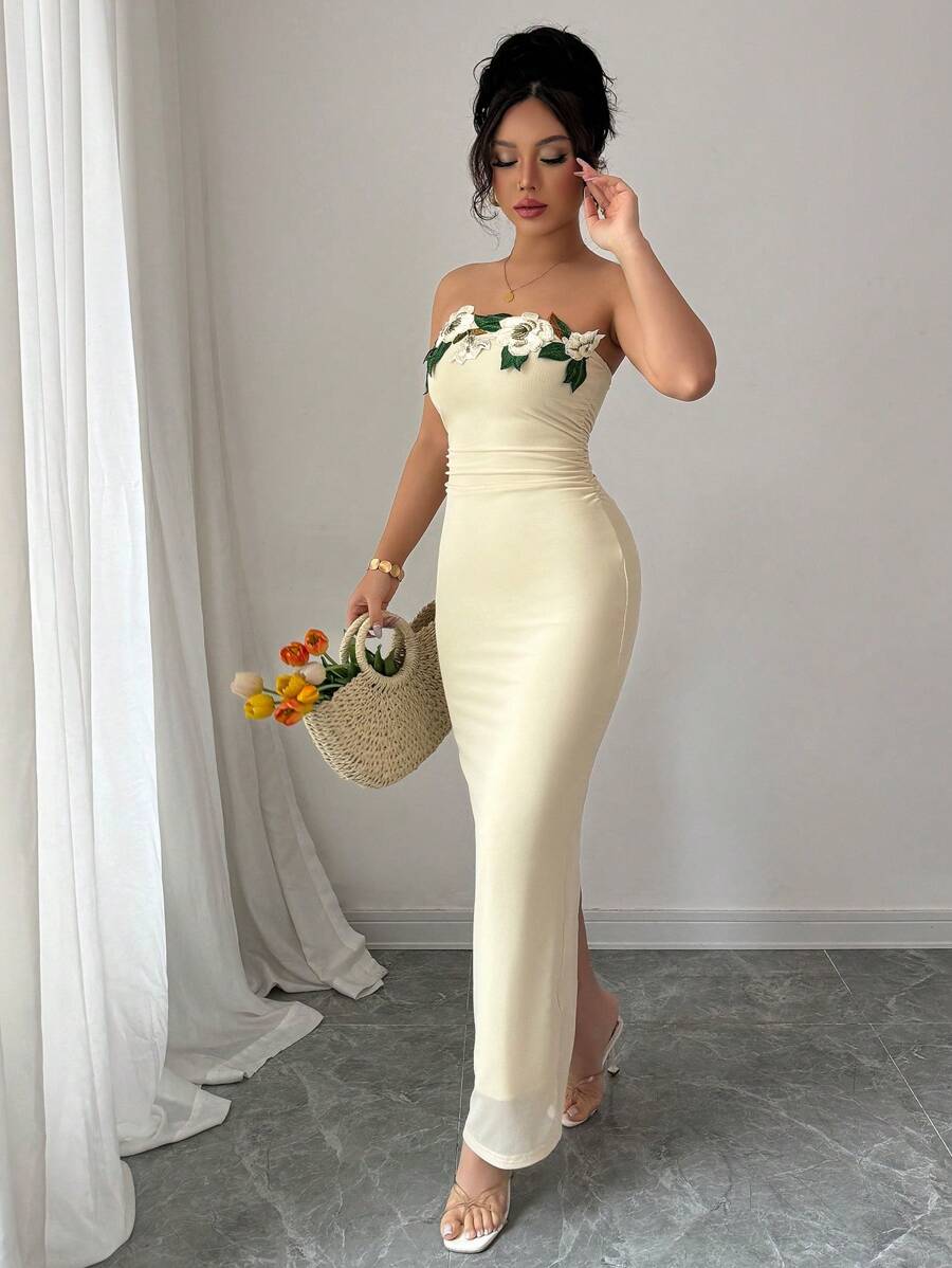 SHEIN Rafferiza فستان ماكسي بطباعة زهرية باللون البيج الفاتح