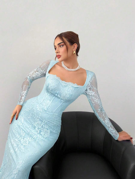 SHENI Aloruh فستان ازرق دانتيل طويل