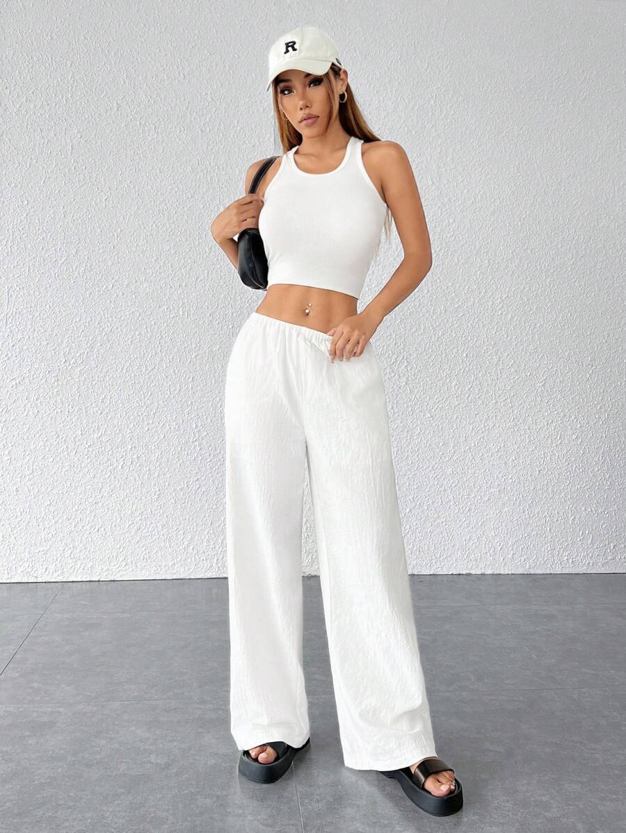 SHEIN PETITE بنطلون أبيض واسع الساق بقماش منسوج
