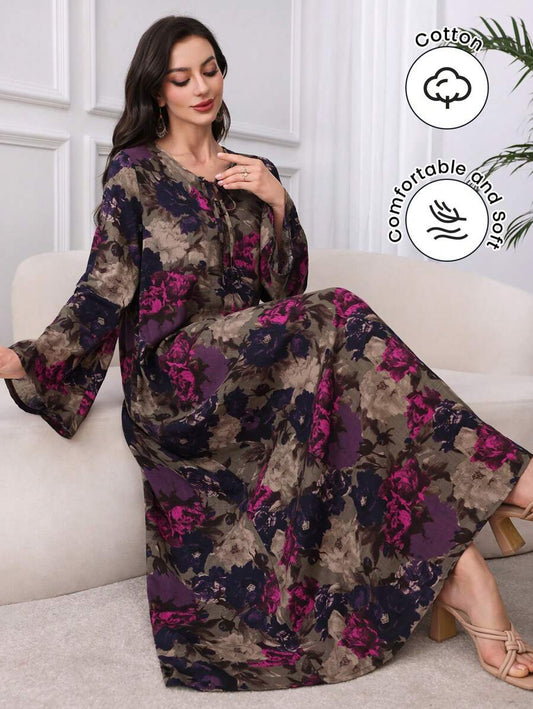 SHEIN Al Najma فستان قطني محتشم بطبعة زهور وياقة مربوطة