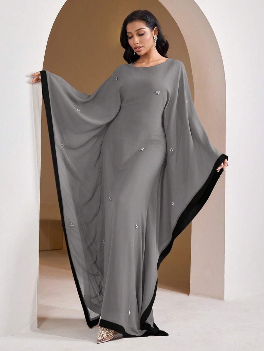 SHEIN Veilorie فستان رمادي بأكمام حرف الخفاش وألوان متداخلة