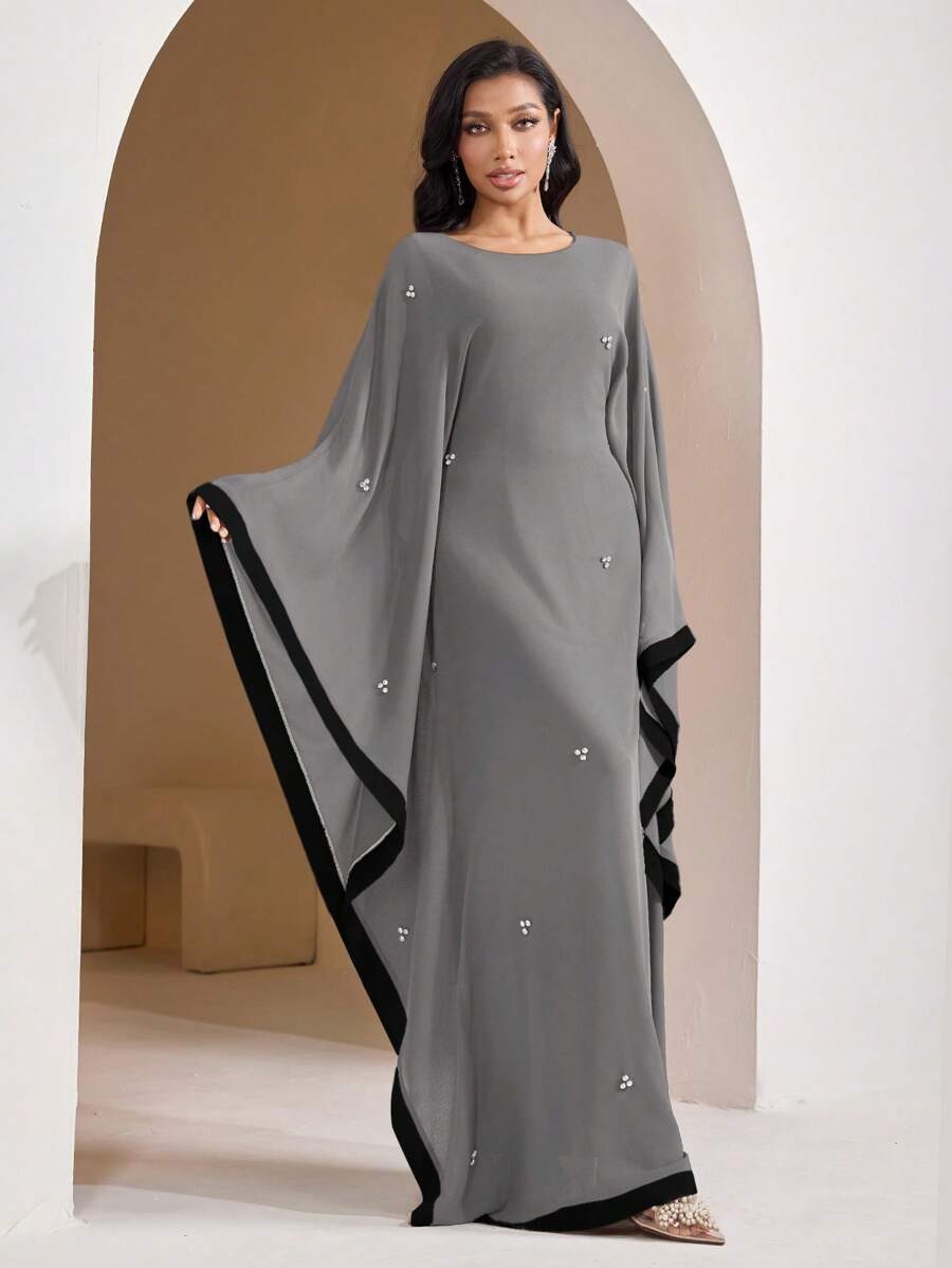 SHEIN Veilorie فستان رمادي بأكمام حرف الخفاش وألوان متداخلة