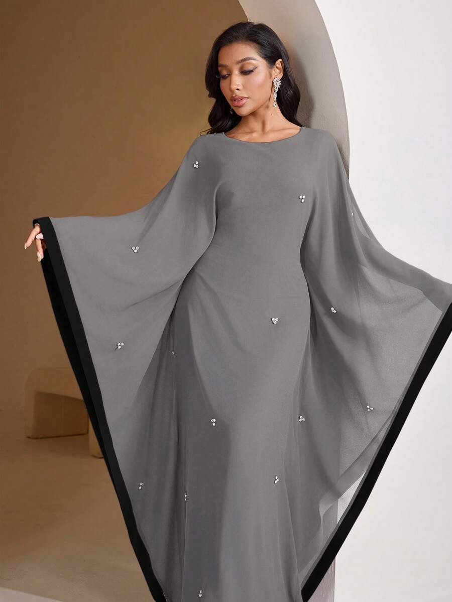 SHEIN Veilorie فستان رمادي بأكمام حرف الخفاش وألوان متداخلة
