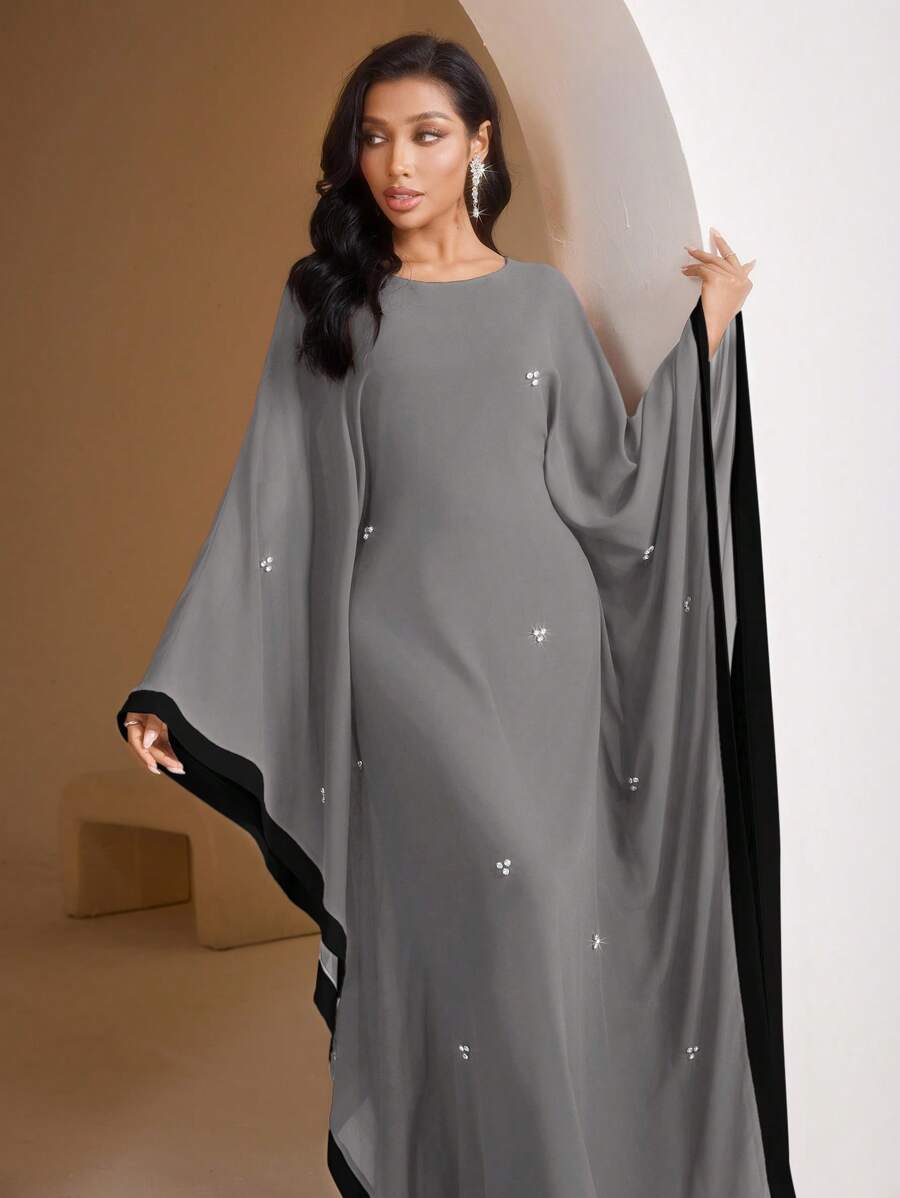 SHEIN Veilorie فستان رمادي بأكمام حرف الخفاش وألوان متداخلة