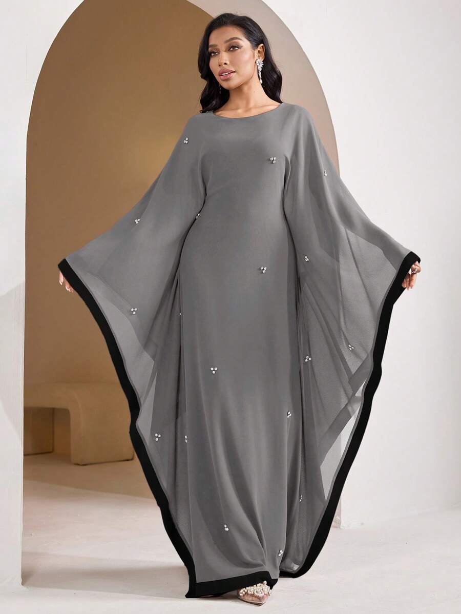 SHEIN Veilorie فستان رمادي بأكمام حرف الخفاش وألوان متداخلة
