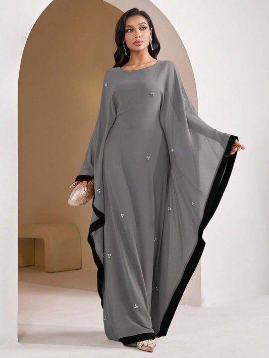 SHEIN Veilorie فستان رمادي بأكمام حرف الخفاش وألوان متداخلة