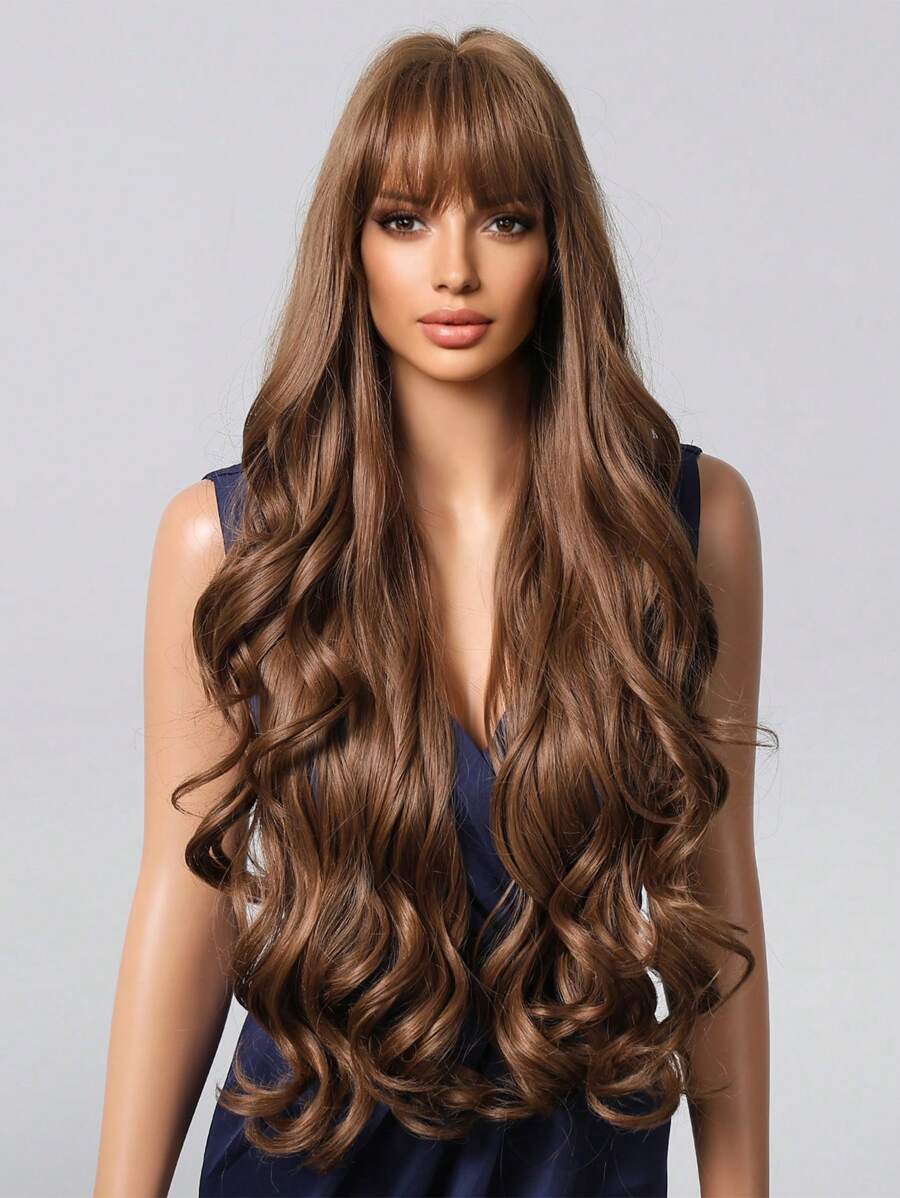 SHEIN شعر مستعار طويل متموج بني بنهاية باهتة كثيف