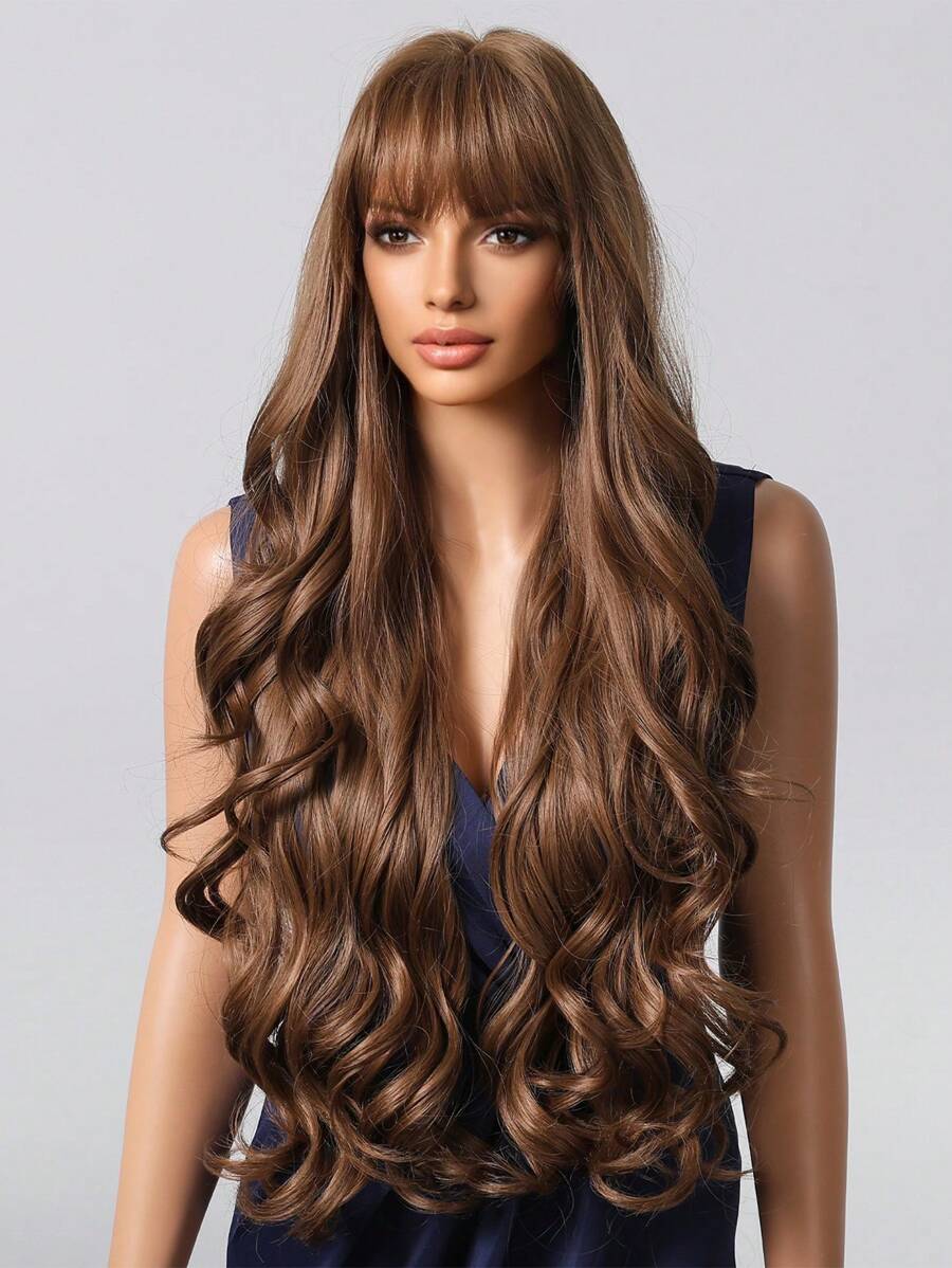 SHEIN شعر مستعار طويل متموج بني بنهاية باهتة كثيف