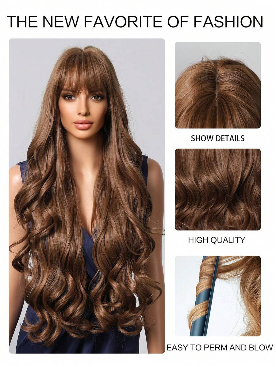 SHEIN شعر مستعار طويل متموج بني بنهاية باهتة كثيف