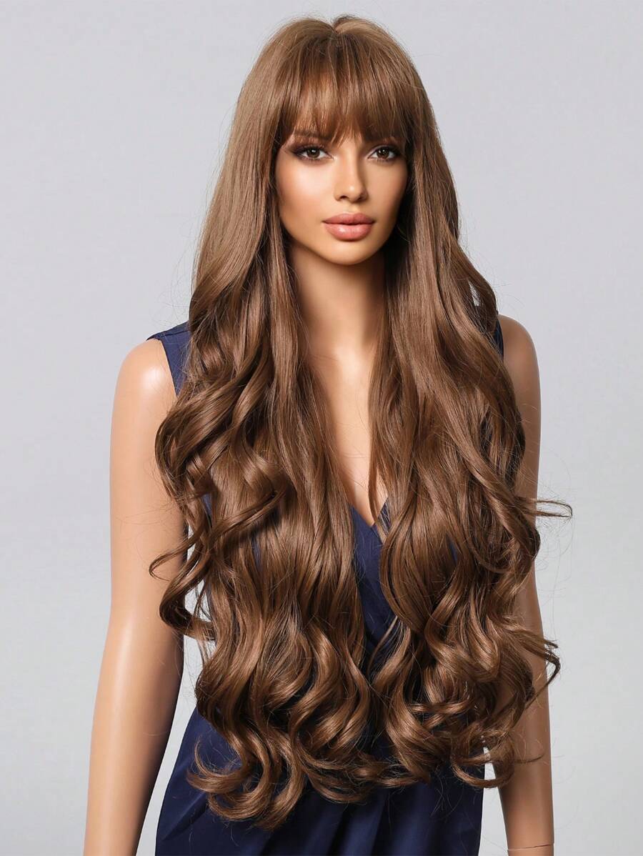 SHEIN شعر مستعار طويل متموج بني بنهاية باهتة كثيف