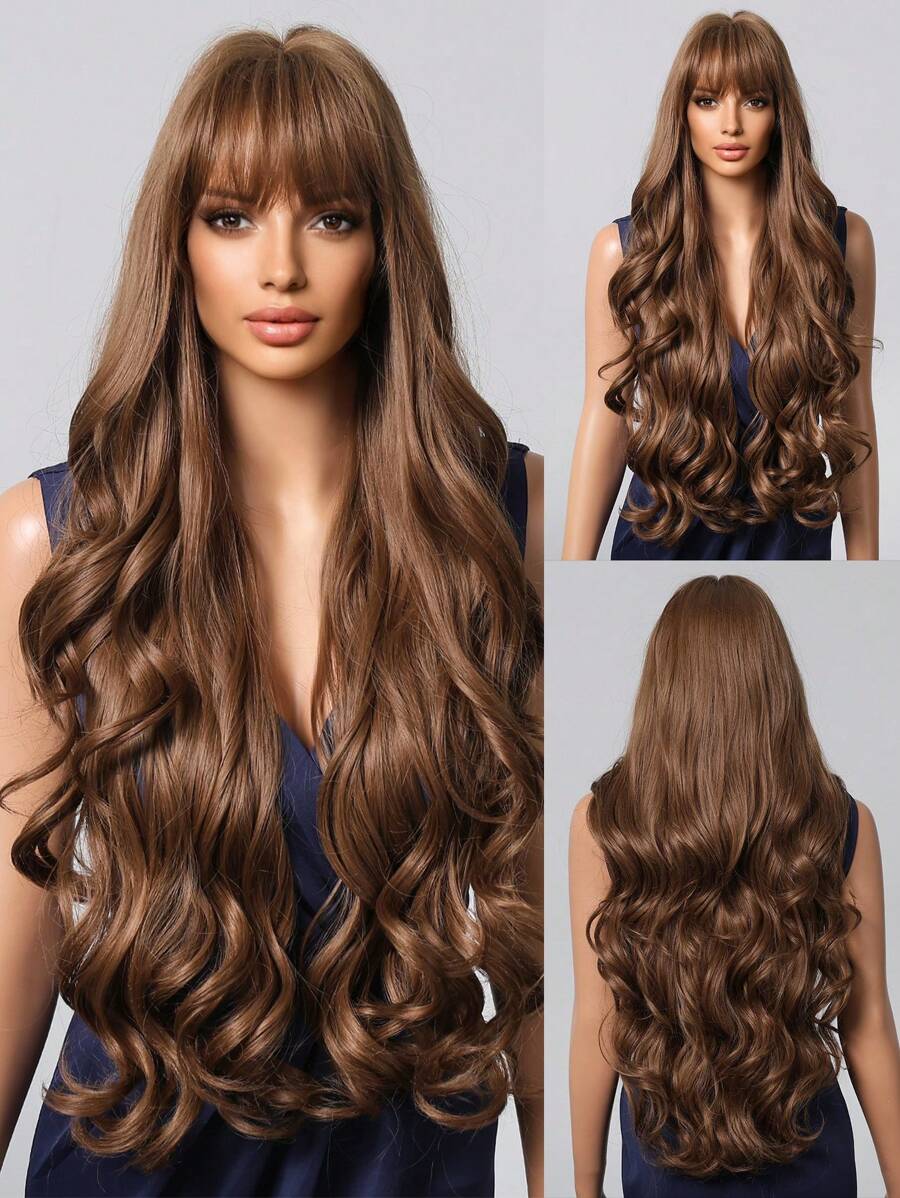 SHEIN شعر مستعار طويل متموج بني بنهاية باهتة كثيف
