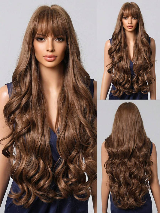 SHEIN شعر مستعار طويل متموج بني بنهاية باهتة كثيف