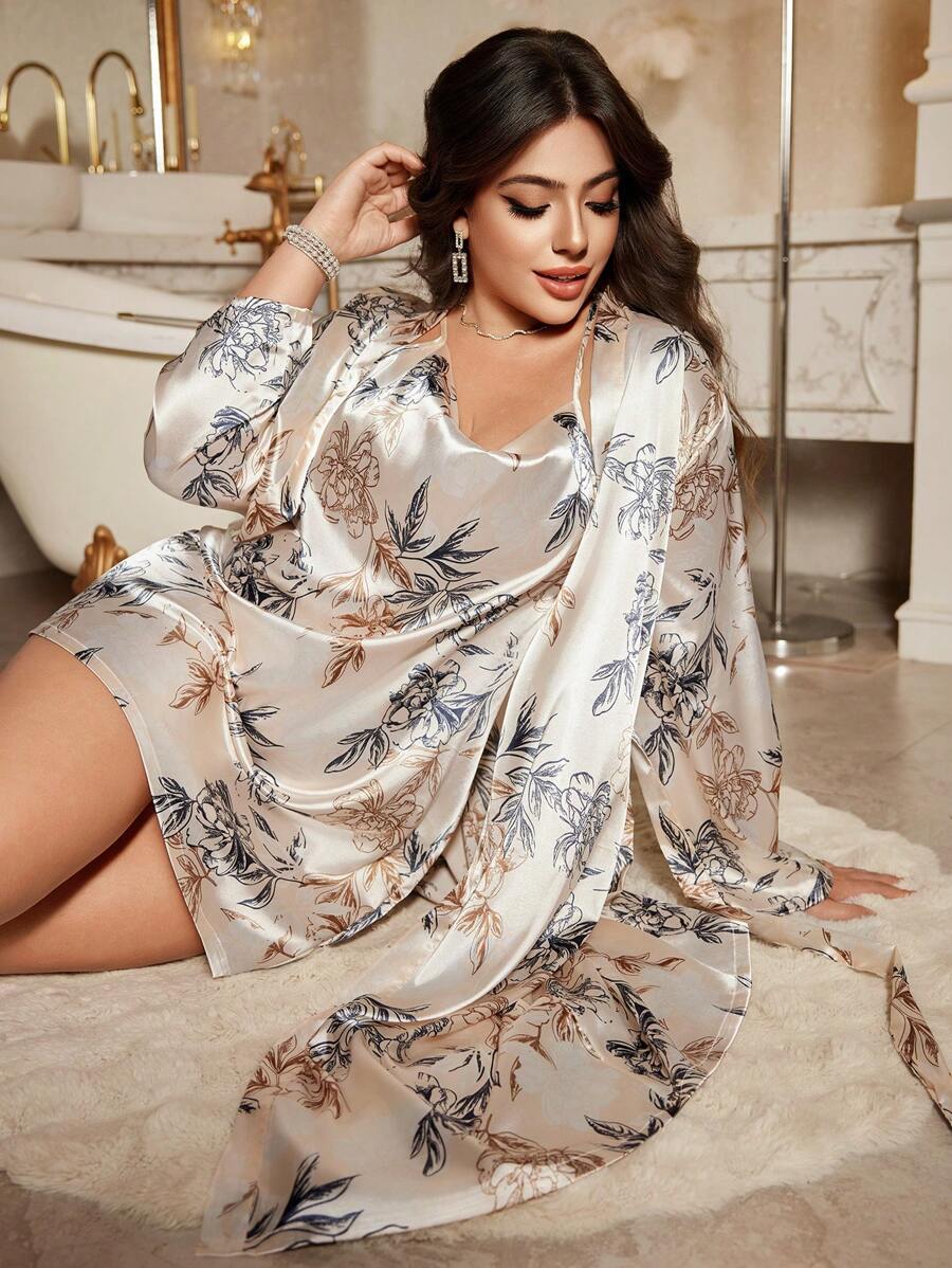SHEIN LuxeNights طقم فستان وروب حرير اصطناعي