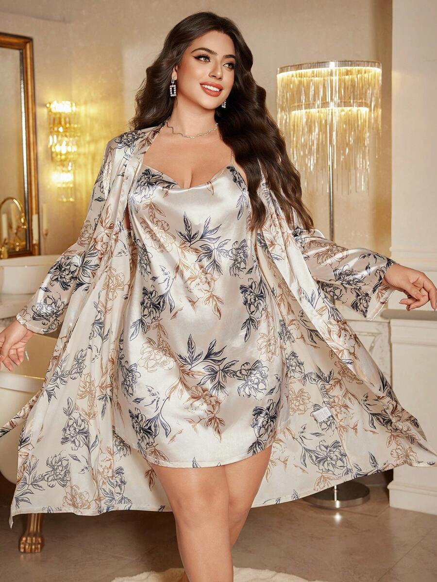 SHEIN LuxeNights طقم فستان وروب حرير اصطناعي