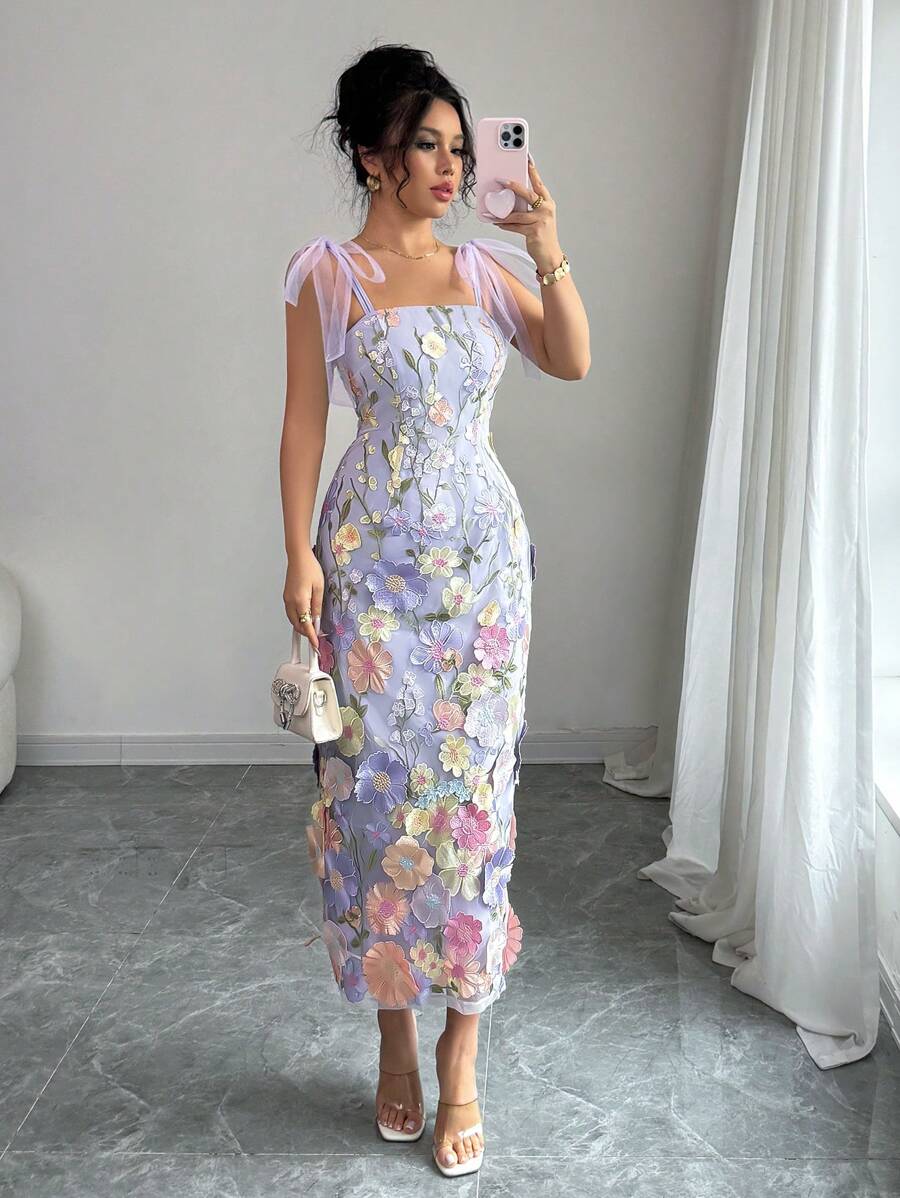 SHEIN Elenzga فستان شبكي مزهر بدون أكمام بخصر ملائم