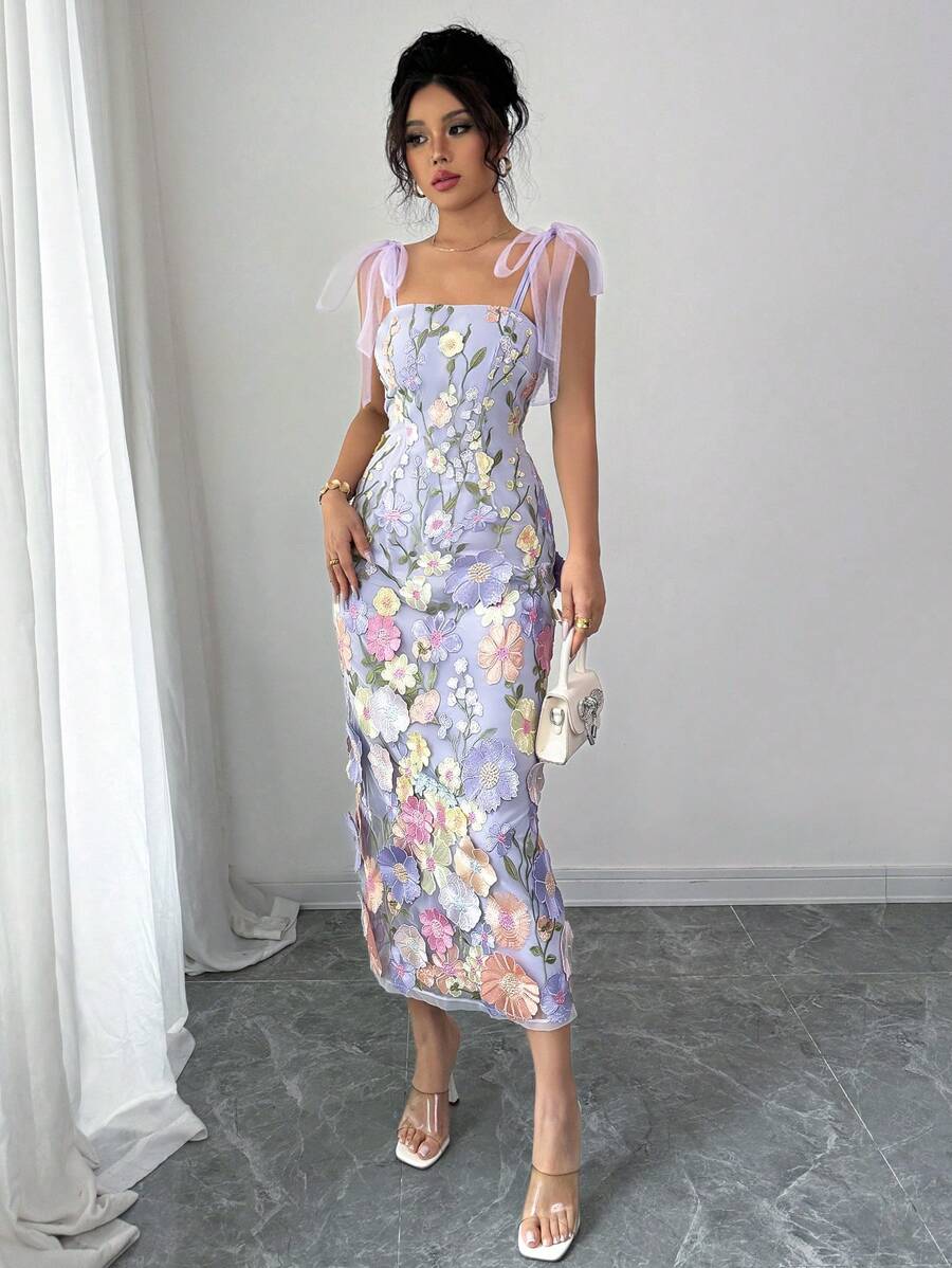 SHEIN Elenzga فستان شبكي مزهر بدون أكمام بخصر ملائم