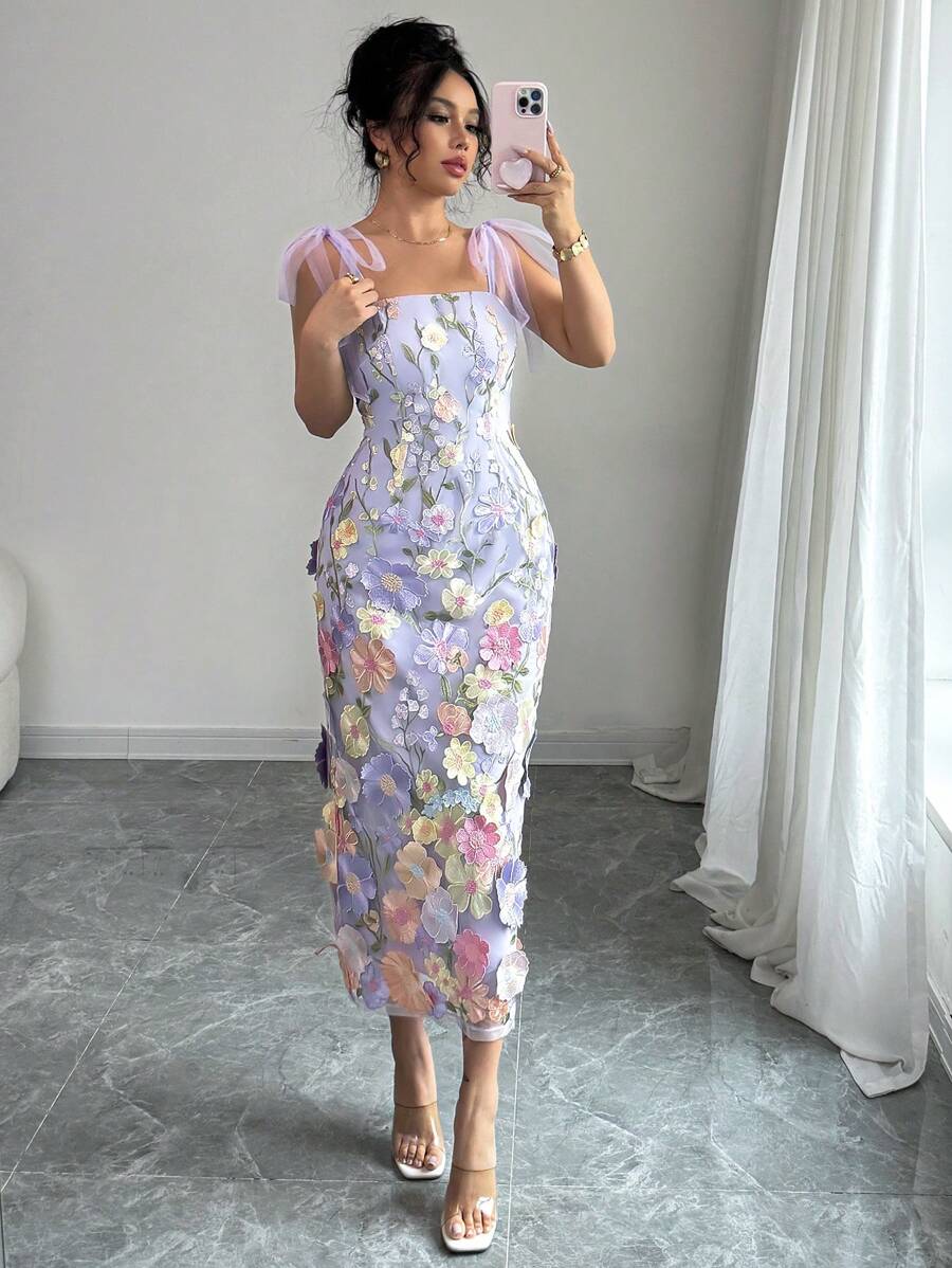 SHEIN Elenzga فستان شبكي مزهر بدون أكمام بخصر ملائم