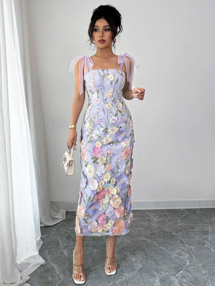 SHEIN Elenzga فستان شبكي مزهر بدون أكمام بخصر ملائم