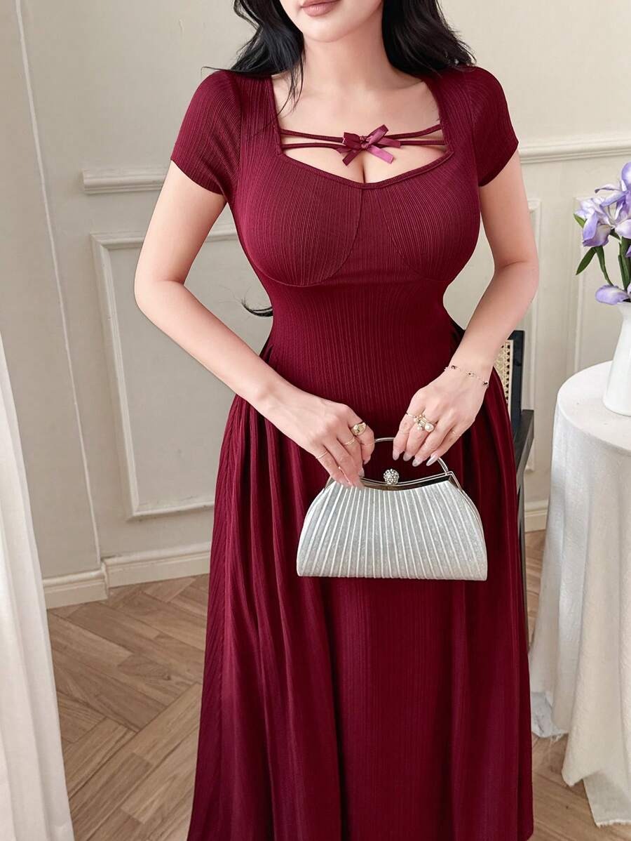 SHEIN Feyla فستان صيفي أحمر بفيونكة وقصة ضيقة للخصر