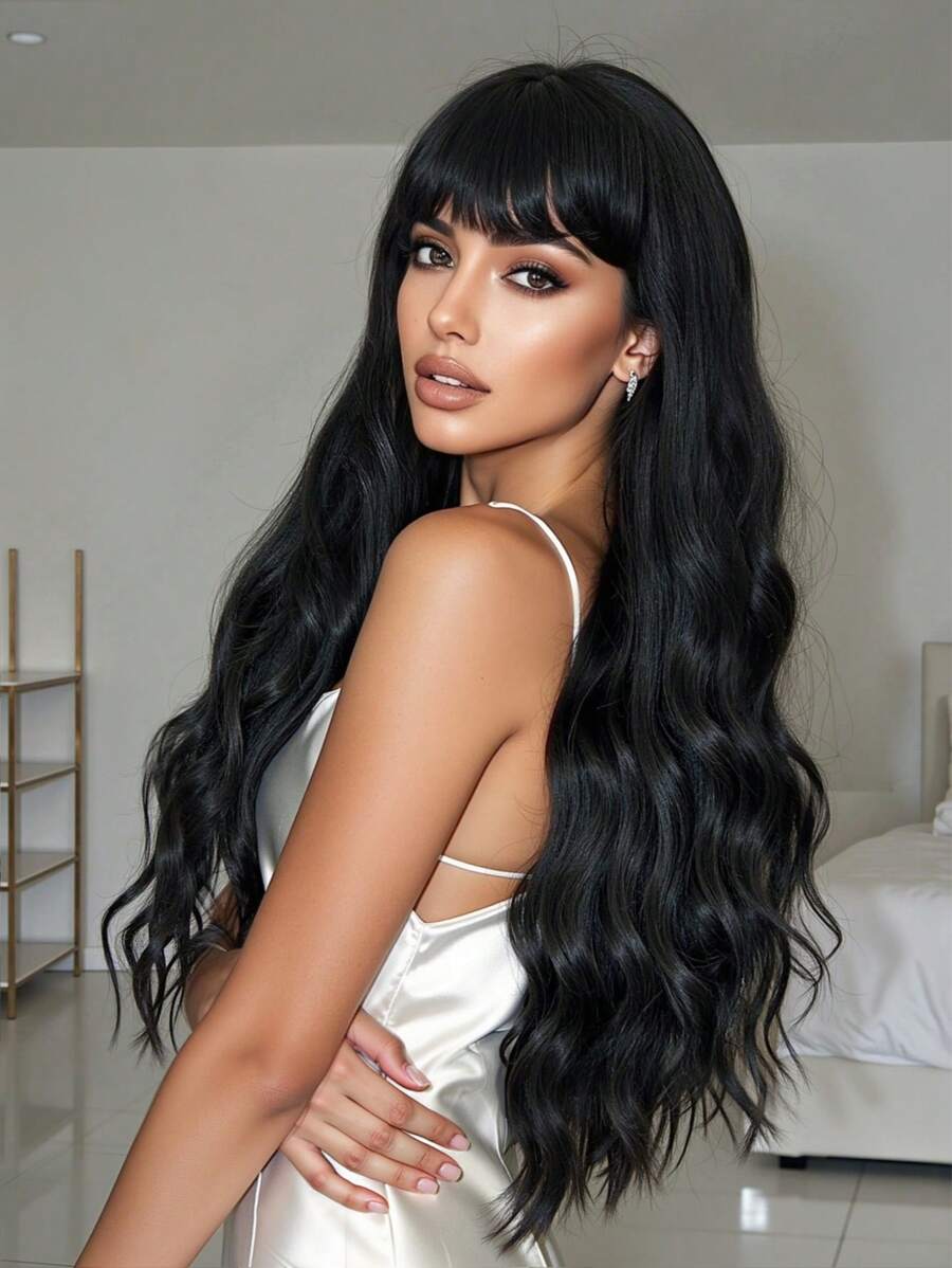 SHEIN باروكة شعر سوداء طويلة مموجة 30 بوصة مع غرة