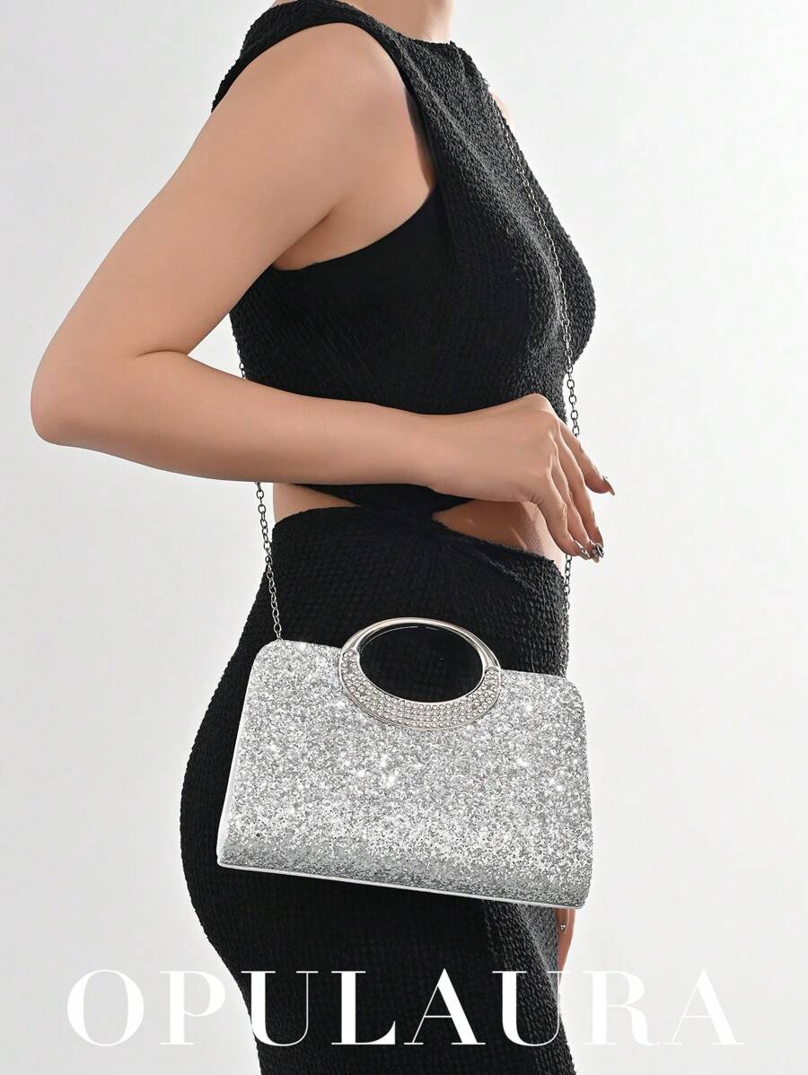 SHEIN حقيبة يد سهرة فضية فاخرة مزينة بالكريستال