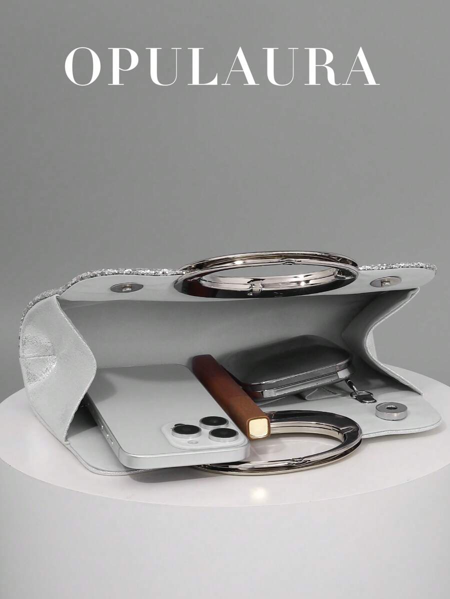 SHEIN حقيبة يد سهرة فضية فاخرة مزينة بالكريستال