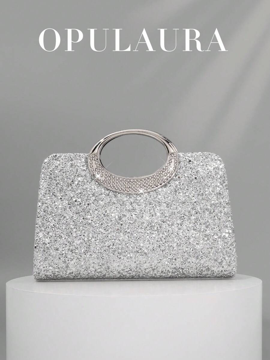 SHEIN حقيبة يد سهرة فضية فاخرة مزينة بالكريستال