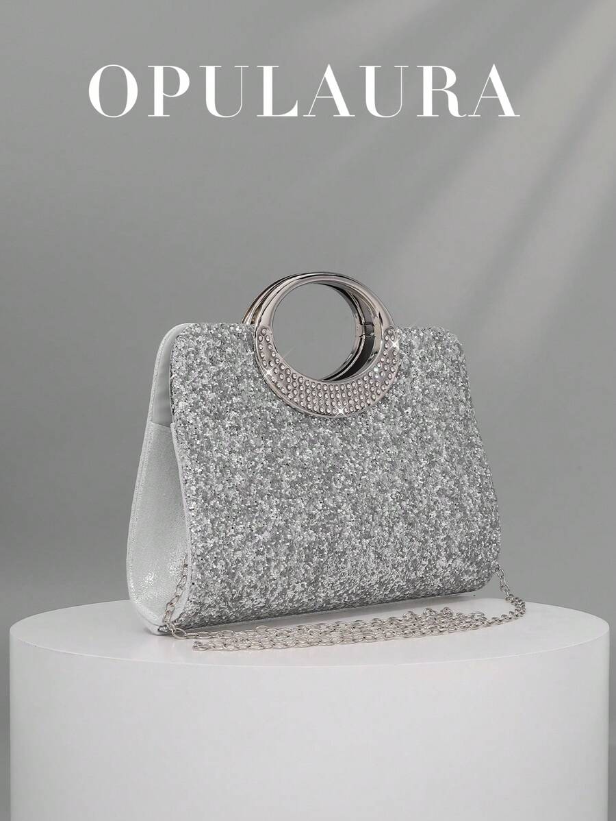 SHEIN حقيبة يد سهرة فضية فاخرة مزينة بالكريستال