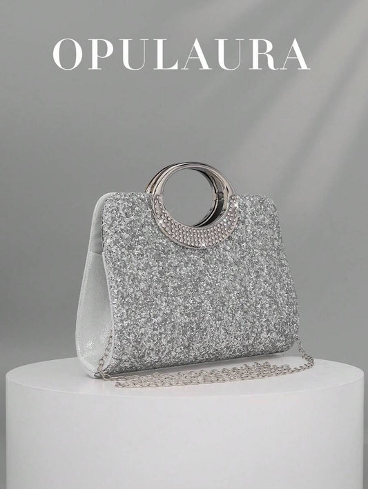 SHEIN حقيبة يد سهرة فضية فاخرة مزينة بالكريستال