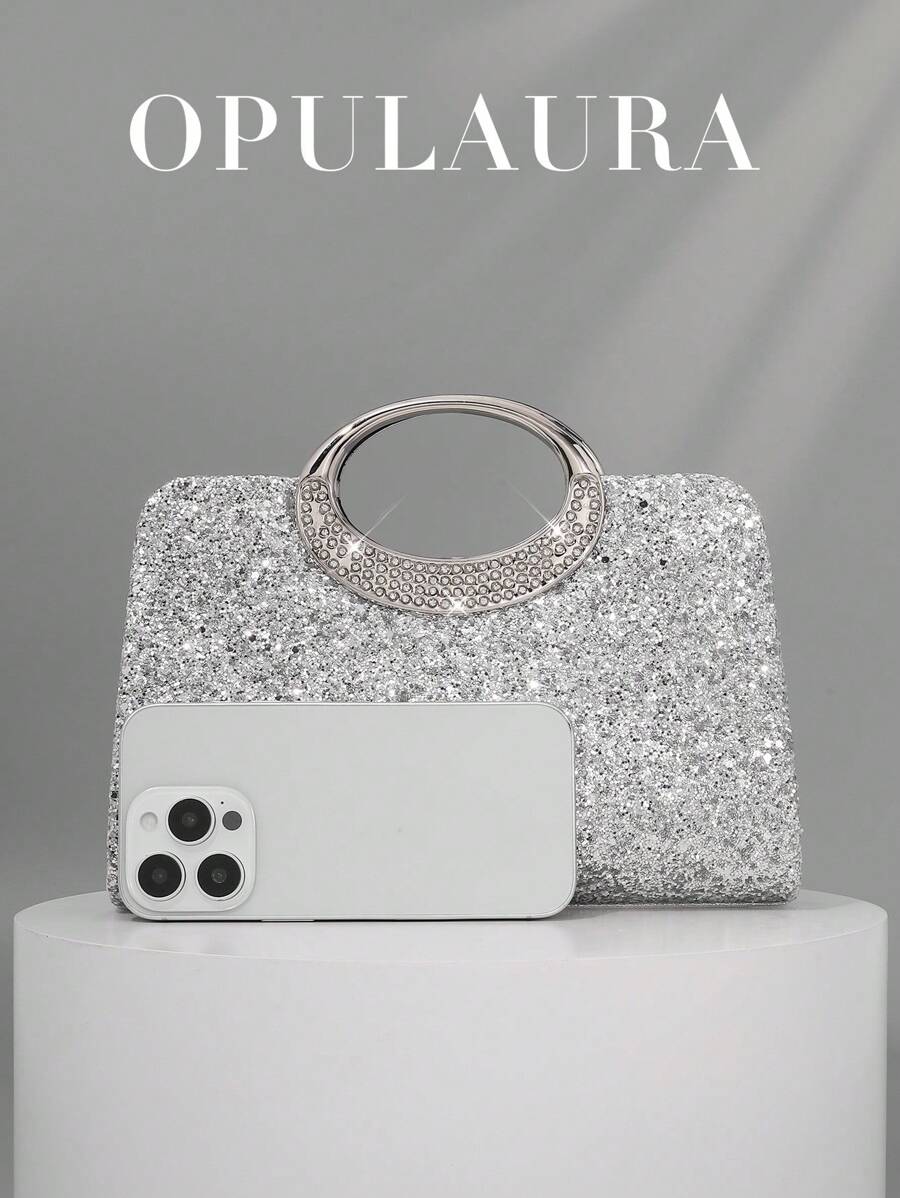 SHEIN حقيبة يد سهرة فضية فاخرة مزينة بالكريستال