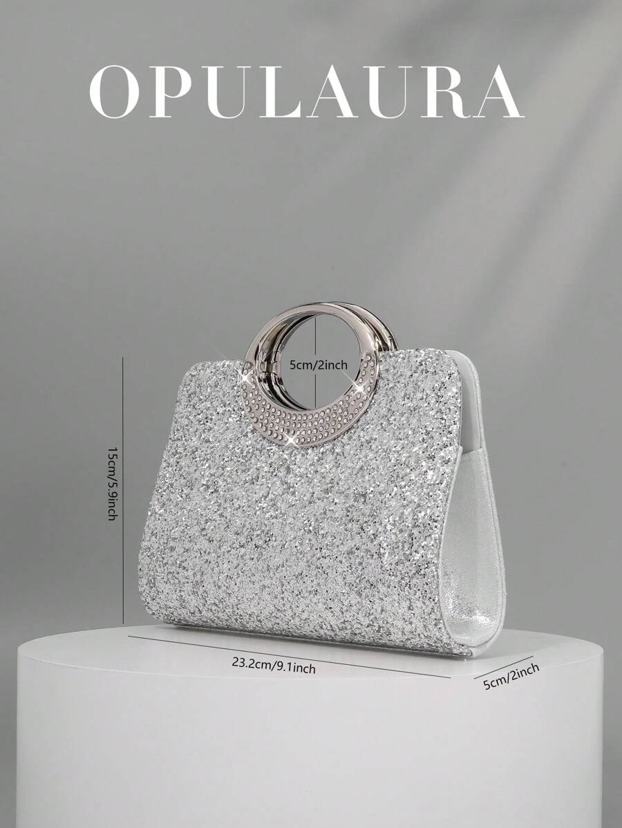SHEIN حقيبة يد سهرة فضية فاخرة مزينة بالكريستال